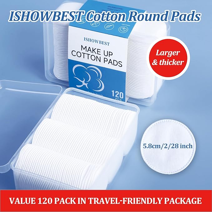 Round Cotton Pads for Face 120 Count, ISHOWBEST Boxed Makeup Remover Cotton Pad, 100% Pure & Natural Facial Cleansing Round Pads, Hypoallergenic, Lint-Free