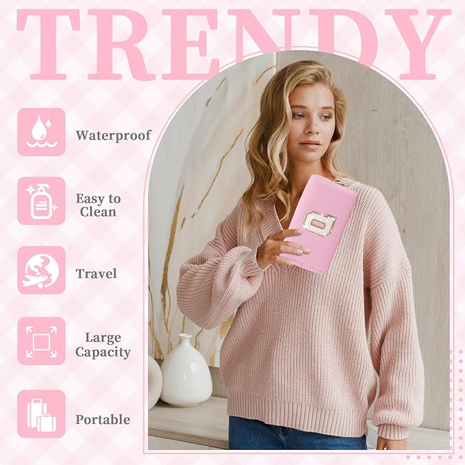 Small Personalized Initial A-Z Patch Makeup Bag,Pink Cute PU Leather Glitter Letter Cosmetic Bag for Teen Girls,Travel Toiletry Bag with Zipper,Preppy Monogrammed Birthday Gift for Daughter Niece Q