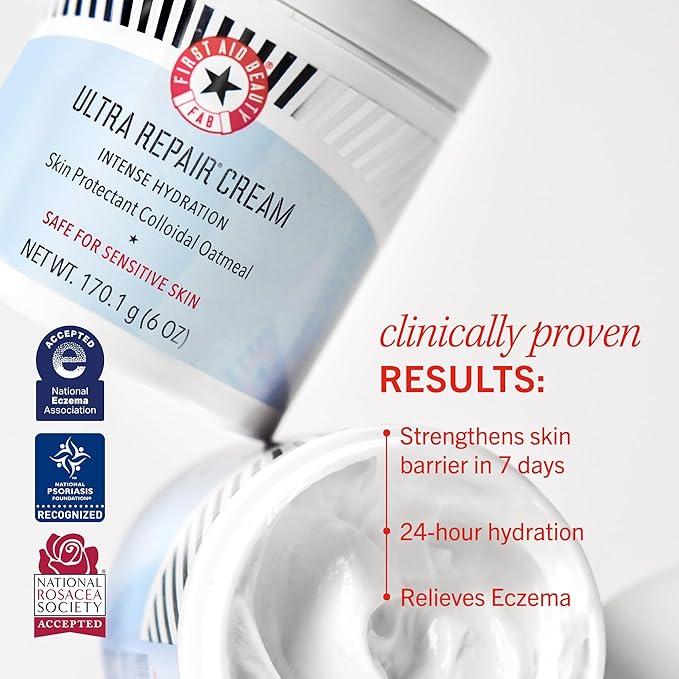 First Aid Beauty - Ultra Repair Cream, Intense Hydration Whipped Colloidal Oatmeal, Clinically Proven to Strengthen Skin Barrier in 7 Days & Helps Relieve Eczema, Luxury Face & Body Moisturizer, 12 oz