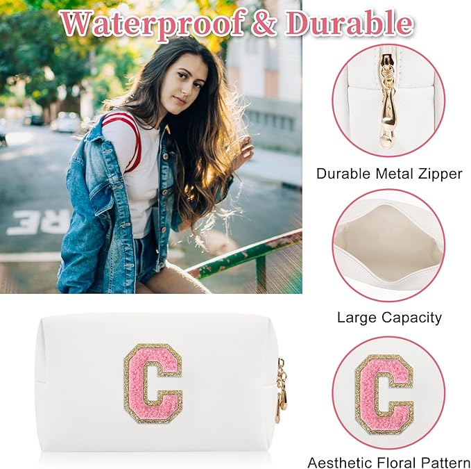 Personalized Initial Letter Patch Makeup Bag, Preppy Portable Chenille Letter Cosmetic Bag with Zipper, PU Leather Waterproof Travel Toiletry Bag Monogram Make Up Pouch for Women Girls(Letter C)