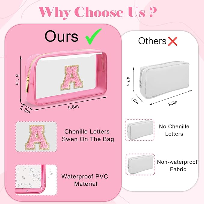 Personalized Initial Letter Clear Makeup Bag,Preppy Small Nylon&PVC Cosmetic Zipper Bag with Chenille Letter,Portable Beach Travel Skincare Toiletry Bag,Trendy Monogram Gift for Teen Girls Women,A