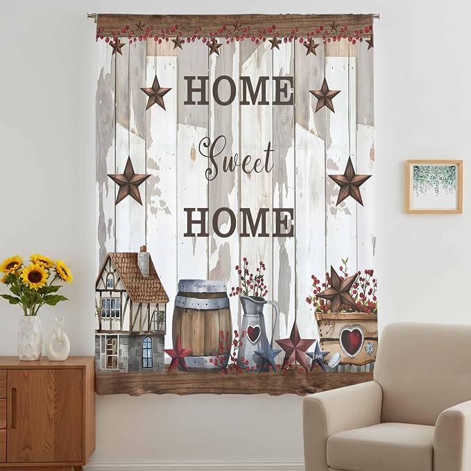 Farmhouse Sheer Curtains 108 Inch Length Retro Country Star Berry Vintage Wood - Image 5