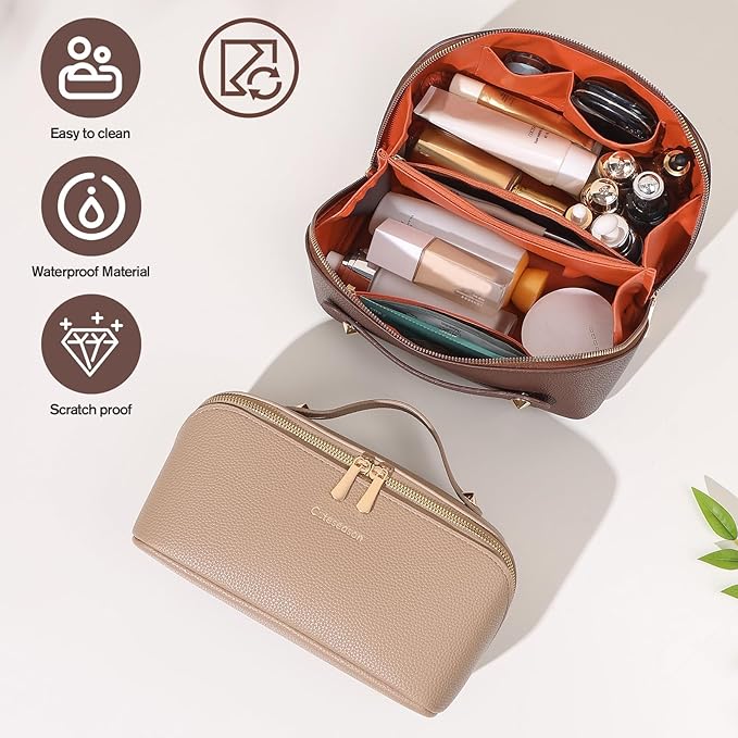 Makeup Bag, Travel Toiletry Bag for Women, Large Capacity Waterproof Plain Pattern PU Leather Cosmetic Bags Make Up Organizer Bags with Headband and Wristband Set (Light Brown)
