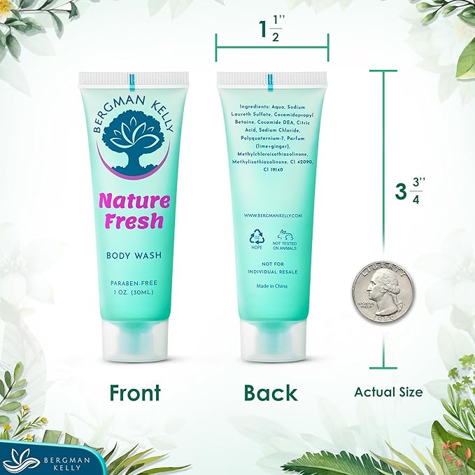 BERGMAN KELLY Travel Size Body Wash (1 fl oz, 100 PK, Nature Fresh), Delight Your Guests with a Refreshing & Soothing Hotel Body Wash, Quality Mini and Small Size Guest Hotel Toiletries in Bulk