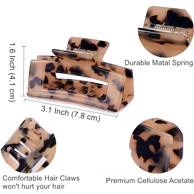 3 inch Hair Claw Clips Cutout Tortoise Shell Celluloid Hair Jaw Clips French Design Rectangle Hair Clamp for Women Ladies Mother (2 Pack)