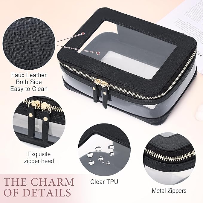 Pinkmik Clear Makeup Bag with Zipper Waterproof Travel Makeup Set for Cosmetics and Toiletries Women's Purse Organizer and Car Essentials (Black, M+MINI-1)