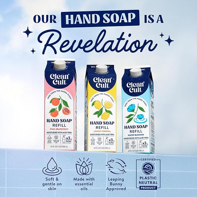 Cleancult Liquid Hand Soap Refills - Lemon Verbena - Moisturizes Dry & Sensitive Skin - Made with Aloe Vera & Essential Oils - Eco Friendly - Paper-Based Packaging - 32 oz/2 Pack
