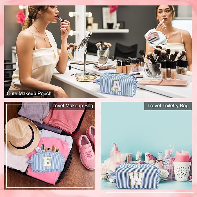 YOOLIFE Makeup Bag for Women - Monogram Cute Initial Blue Makeup Bags Cosmetic Toiletry Pouch Make Up Case for Women Her Best Friend Friendship Sister Teacher, Personalized Birthday Gifts for Women C