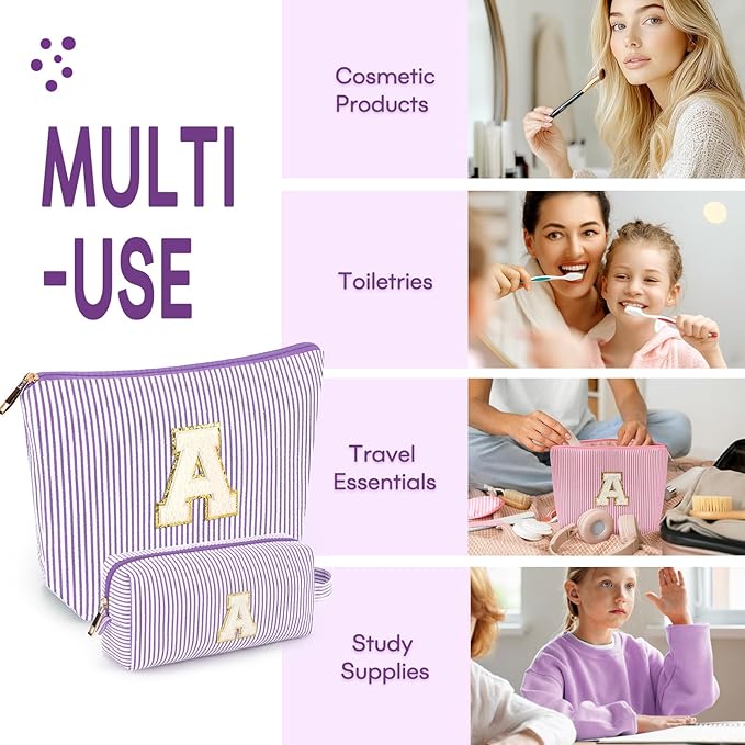 2 PCS Initial Makeup Bags for Women: Cosmetic Bag for Travel Toiletry - Birthday Gifts for 11 12 13 14 15 16 17 18 Years Old Girl Graduation Teacher Gift- Teen Girl Gifts Trendy Stuff - Purple L