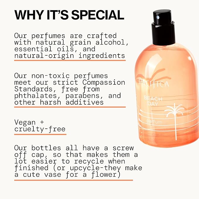 Pacifica Beach Day Spray Perfume, Fragrances, Bliss, Bergamont, Orange Flower, Sandalwood, Amber, Suede Leather, Clean Perfume, Parfum, Eau de Toilette Clean Vegan & Cruelty-Free