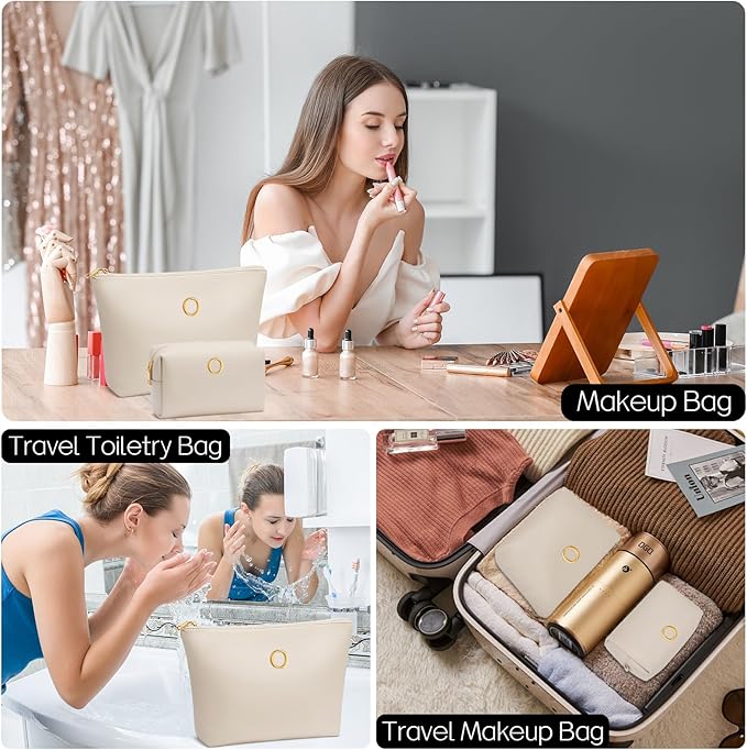 Women Gifts | Initial Makeup Bag Set for Girl Personalized Gifts for Bridesmaid Friend Graduation Teachers PU Leather Cosmetic Travel Toiletry Bag(Beige,O)