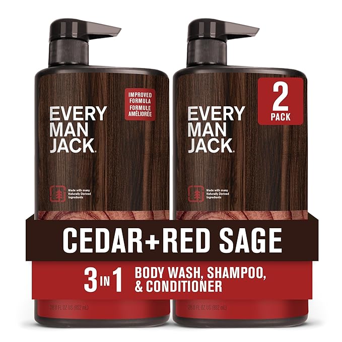 Every Man Jack Cedar + Red Sage Hydrating Mens 3-in-1 All Over Wash for All Skin and Hair Types - Body Wash, Shampoo and Conditioner with Naturally Derived Ingredients - 28.8oz (2 Pack)
