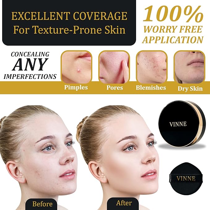 VINNE Korean Cushion Foundation, Lightweight, Essence Makeup Natural and Dewy Finish, 12-Hour Lasting Effect, 0.42 Oz- #21 Light Beige (Refill Not Included)