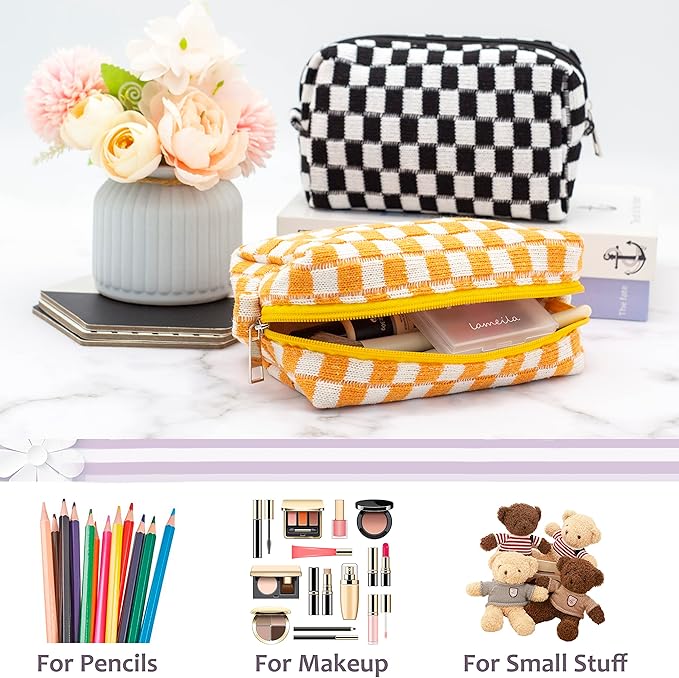 PAZIMIIK Checkered Makeup Bag for Purse Portable Zipper Make Up Pouch Small Cosmetic Case for Travel Accessories (6PCS Orange)