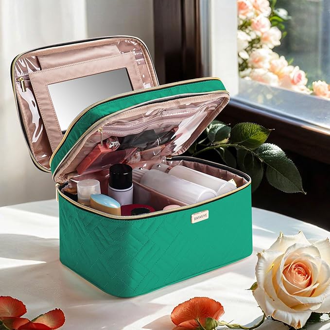8.8L Double Layer Travel Makeup Bag With Mirror For Women, Large Cosmetic Case, Organizer for Travel-Size Accessories Bottles, Brushes,and Skin Care Products, 2.33 GAL, Green…