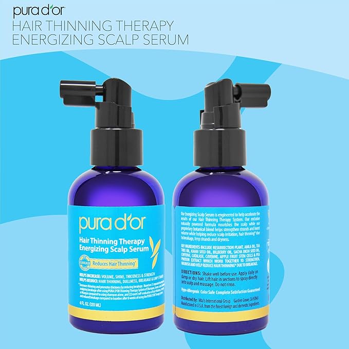 PURA D'OR Hair Thinning Therapy Energizing Scalp Serum 4oz w/Copper Tripeptide, Biotin, Caffeine, Plant Stem Cell, Catalase & DHT Balance, Rosemary Green Tea Leaf Extract, All Hair Types, Men Women
