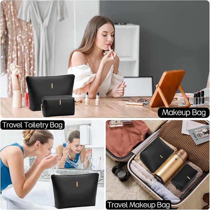 Women Gifts | Initial Makeup Bag Set for Girl Personalized Gifts for Bridesmaid Friend Graduation Teachers PU Leather Cosmetic Travel Toiletry Bag(Black,I)