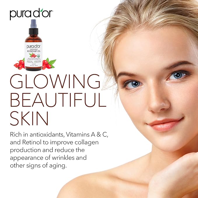 PURA D'OR 4 Oz ORGANIC Rosehip Seed Oil - 100% Pure Cold Pressed USDA Certified Anti-Aging Treatment - Vitamin A & C Rich - Helps Fade Appearance of Scars & Stretch Marks - For Face, Hair & Body