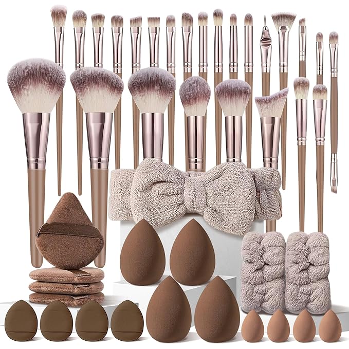 44Pcs Brown Makeup Brushes Set Professional Makeup Kit Multi-functional Makeup Tool Set with Facial Makeup Accessories, Foundation Makeup Brush Kit Eye and Face Make up Brushes & Tools