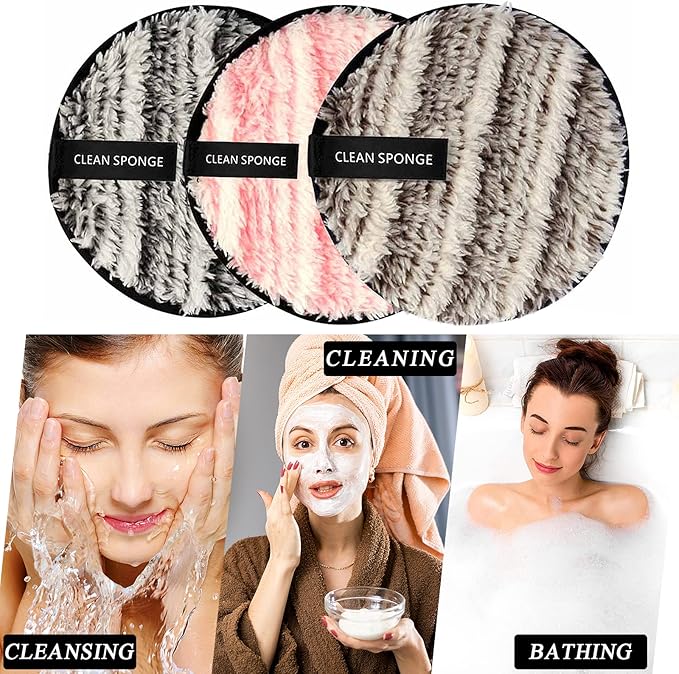 Vtrem 3 Colors Reusable Makeup Remover Pads Soft Facial Cleaning Puffs Towels Face Eye Lip Remover Pads Double-Side Washable Make Up Removing Cloth Microfiber, Pink/Brown/Black