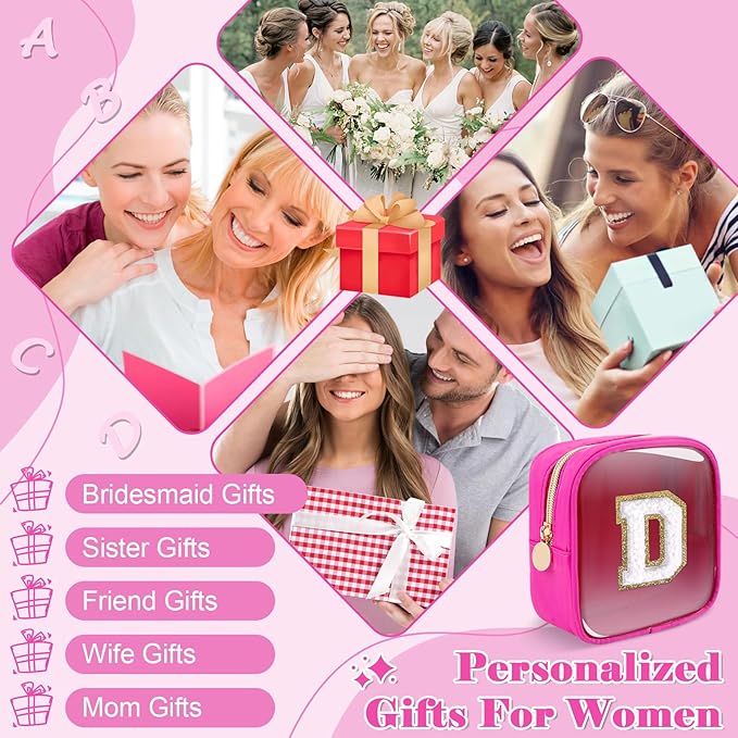 Personalized Initial Letter Clear Preppy Makeup Bag,Mini Nylon Chenille Letter Cosmetic Bag Cute Zipper Pouch Coin Purse for Teen Girls,Portable TSA Approved Travel Essentials Bag Gift for Women,D