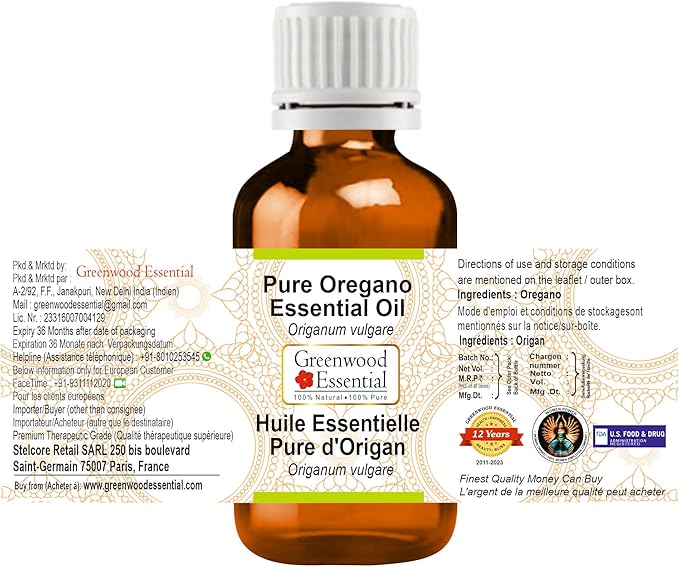 Greenwood Essential Pure Oregano Essential Oil (Origanum vulgare) Steam Distilled (Pack of Two) 100ml X 2 (6.76 oz)