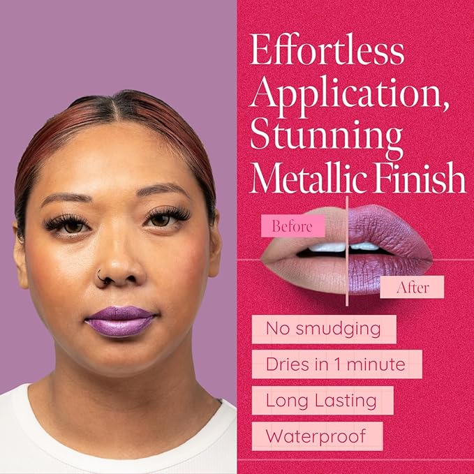Aromi Sugared Mauve Metallic Liquid Lipstick, Purple Pink Lip Color with Shimmery Finish, Raspberry Mulberry Lipstick, Long-Lasting (Sugared Mauve)