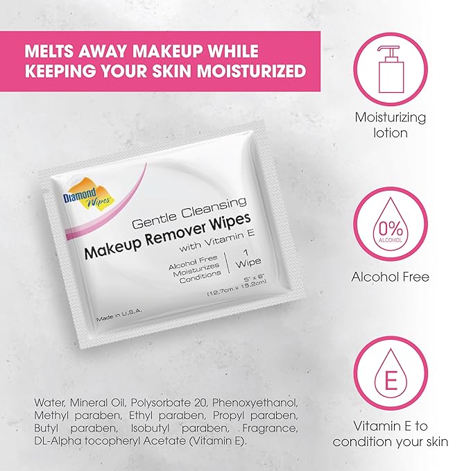 Diamond Wipes Face Cleansing and Waterproof Makeup Remover Wipes, Case of 50 Wipes, Alcohol Free Wipes with Vitamin E