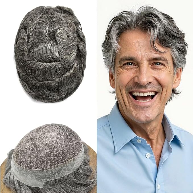 FACE MIRACLE Toupee for Men Lace Center Mens Toupee Hairpiece for Man Human Hair Replacement System Lace Center with Poly around Hair Units Mens Wig Hair Prosthesis 6"X9" #1B60 Off Black with 60% Gray