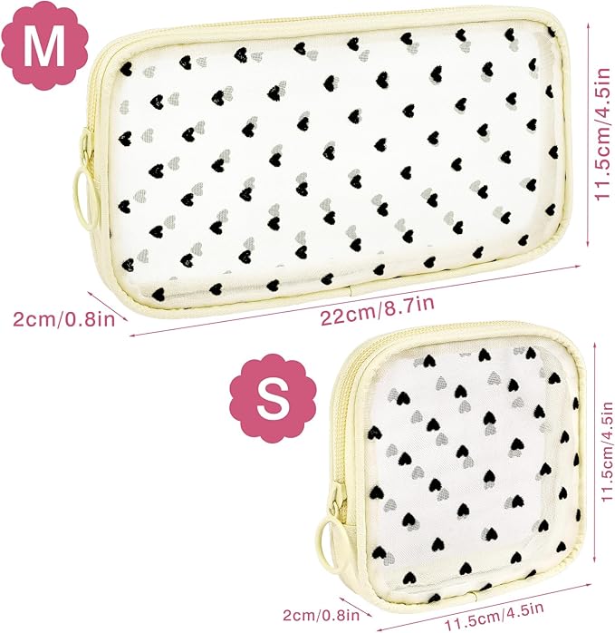 4 Pieces Mini Zipper Nylon Mesh Pouch, Mesh Cosmetic Bags Makeup Bags, Multipurpose Travel Toiletry Bags for Office Supplies and Travel Accessories (Heart Print-Beige, S)