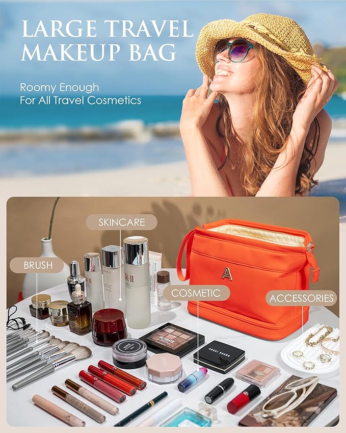 Graduation Gifts for Her Girls-Makeup Bags, Friend Gifts, Double Layer Cosmetic Bag with Makeup Brush Organizer, Waterproof, PU Leather Travel Toiletry Bag, Birthday Gifts for Girls