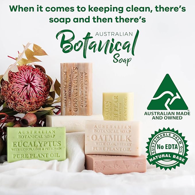 Australian Botanical Soap, 6.6 OZ, Lavender and Essential Oil, Triple Milled Bars made with a Natural Soap Base and Enriched with Organic Shea Butter, Pack of 8