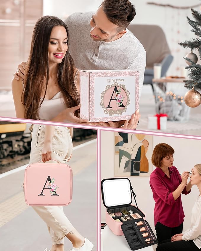 Relavel Initial Makeup Bag with LED Mirror for Women Girls, Personalized Travel Cosmetic Organizer Train Case, Birthday Gifts for Grandkids Bridesmaid Graduation Teacher Friends, Trendy Stuff, Pink B