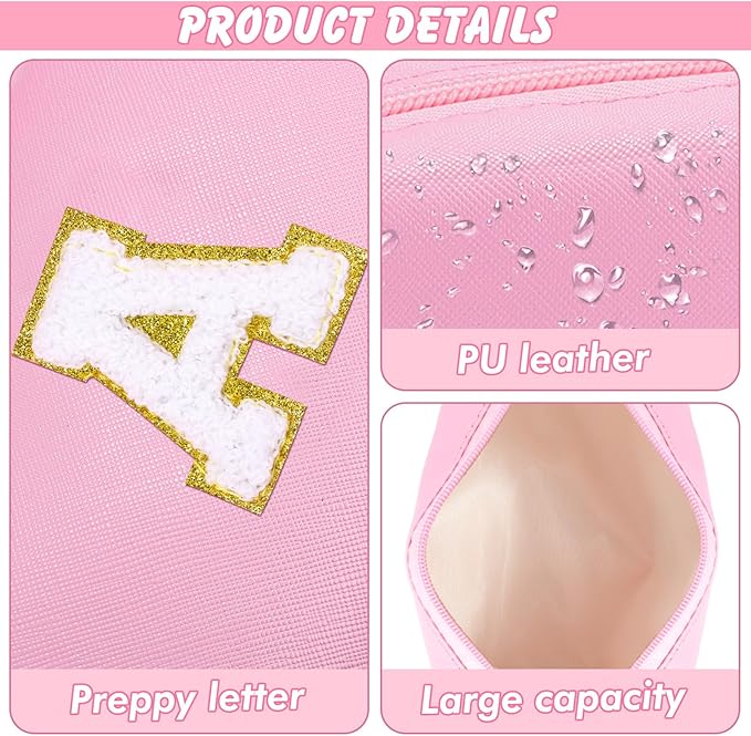 Initial Makeup Bag Personalized Preppy Cosmetic Bag Travel Toiletry Bag Waterproof PU Small Makeup Pouch Bag for Purse Birthday Gift Cute Stuff for Teen Girls Women (Pink A)