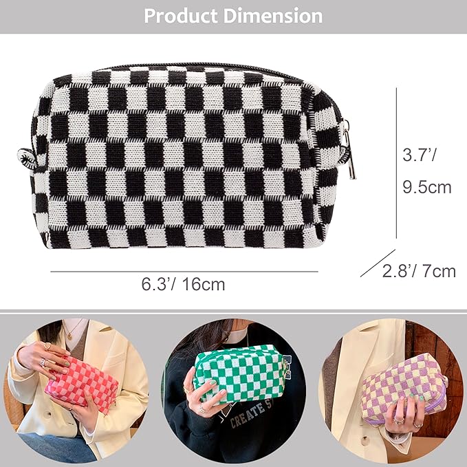 PAZIMIIK Checkered Makeup Bag for Purse Portable Zipper Make Up Pouch Small Cosmetic Case for Travel Accessories (2PCS Black Coffee)