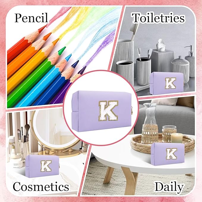 Small Personalized Letter Makeup Bag, Cute PU Leather Chenille Letters Cosmetic Bag Travel Makeup Pouch, Preppy Travel Organizer Zipper Pouch for Women&Girls（Purple-K）