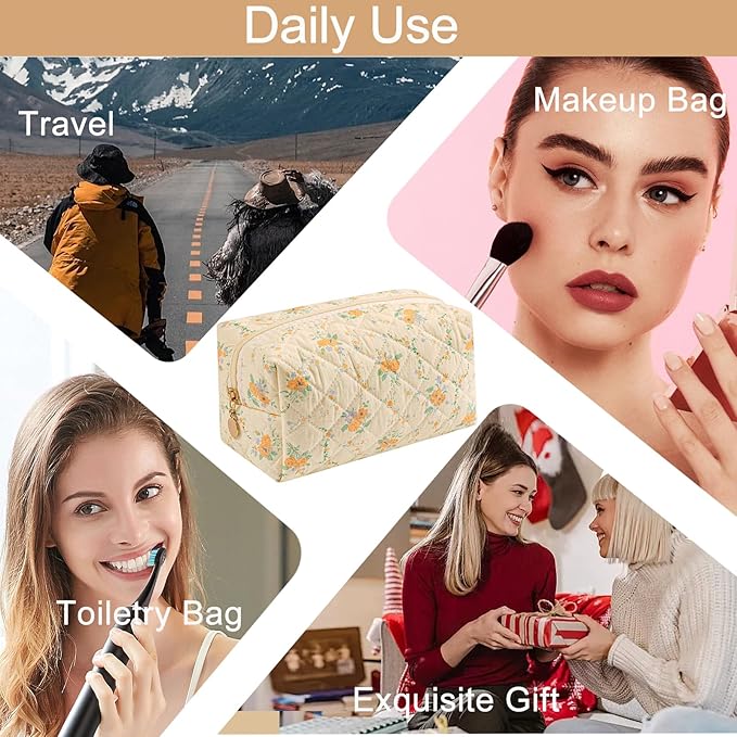 Makeup Bag Travel Cosmetic Bag for Women Girls, Zipper Make Up Pouch, Floral Flowers Toiletry Organizer Makeup, Portable Storage Bag, Cosmetic Travel Cloth Bag (Yellow Orange Flower)