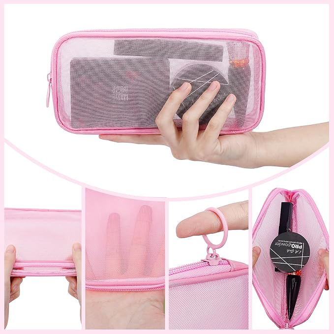 4 Pieces Mini Zipper Nylon Mesh Pouch, Mesh Cosmetic Bags Makeup Bags, Multipurpose Travel Toiletry Bags for Office Supplies and Travel Accessories (Black, M)