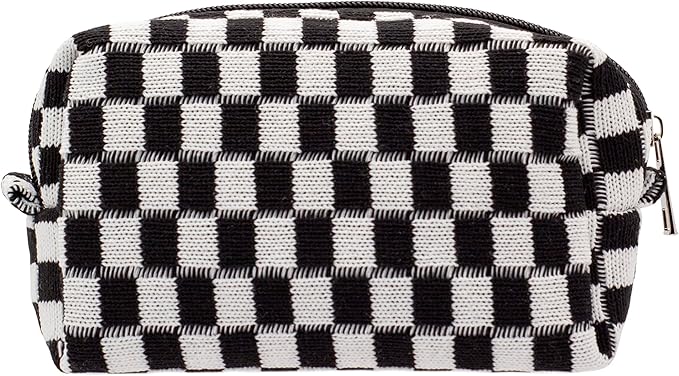 PAZIMIIK Checkered Makeup Bag for Purse Portable Zipper Make Up Pouch Small Cosmetic Case for Travel Accessories (Black)
