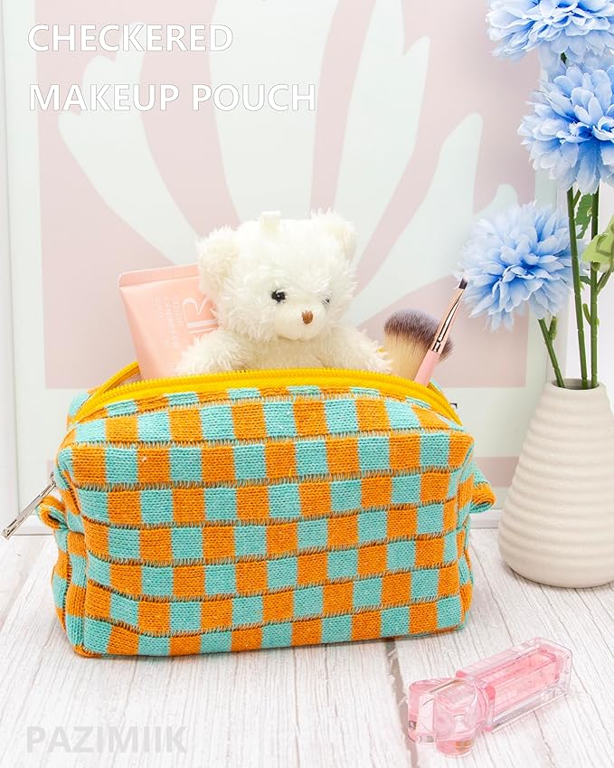 PAZIMIIK 2PCS Checkered Makeup Bag for Purse Portable Zipper Make Up Pouch Small Cosmetic Case for Travel Accessories Orange Green