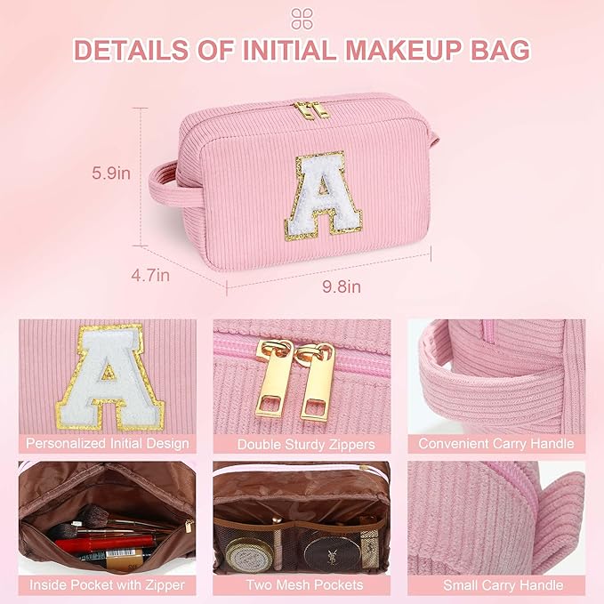 YOOLIFE Birthday Gifts for Women - Gifts for Mom Travel Makeup Bag Cute Pink Makeup Bag Make Up Bag Travel Toiletry Bag Girls Friend Birthday Gifts Bridesmaid Wedding Gift Ideas for Women Letter M
