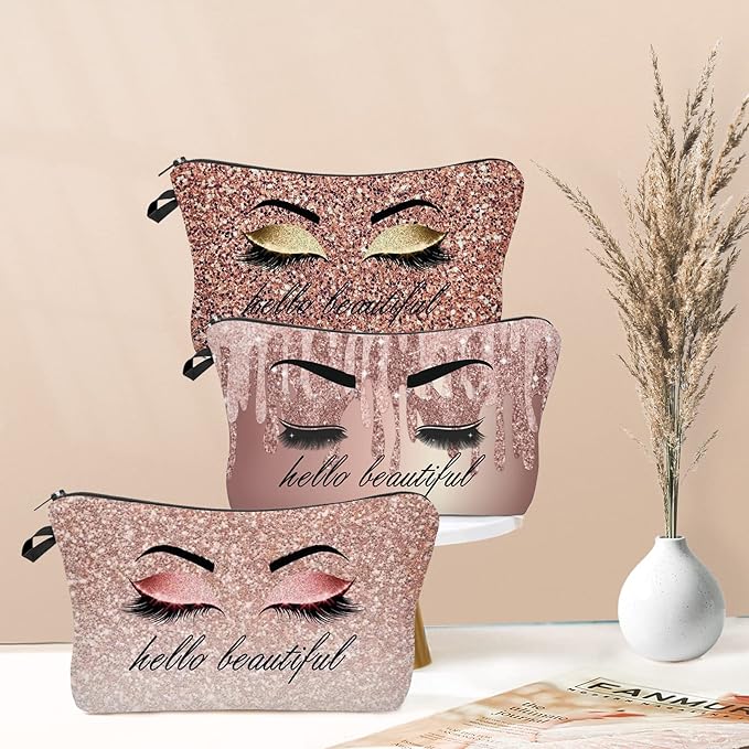 Hello Beautiful Makeup Bag for Purse Eyelash Pink Cosmetic Bags for Women Inspirational Gift Small Funny Cosmetics Glitters Eyeshadows Travel Bag Cases for Toiletries Accessories Organizer