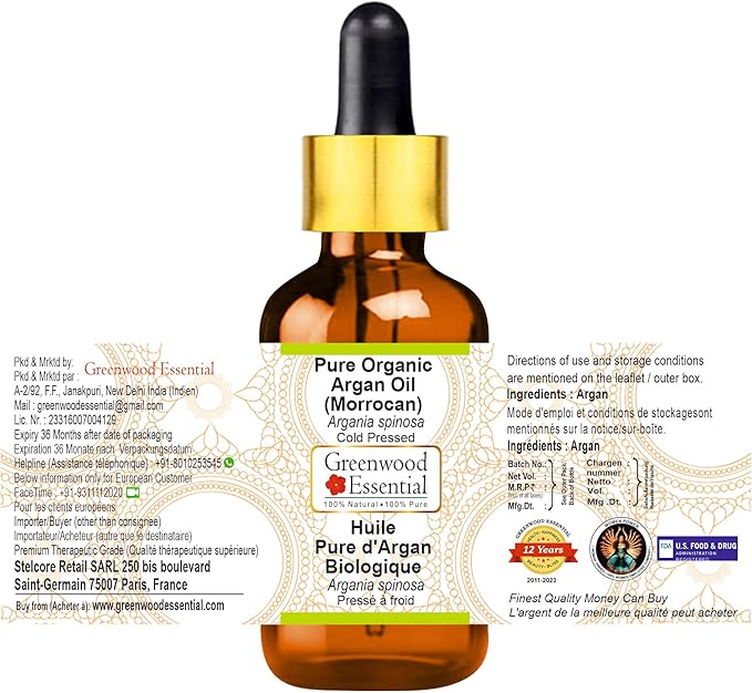 Greenwood Essential Pure Organic Argan (Moroccan) Oil (Argania spinosa) with Glass Dropper Cold Pressed 30ml (1 oz)