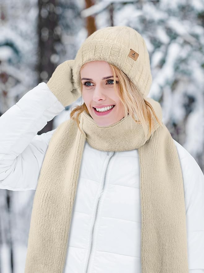 Winter Beanie Hat Scarf Gloves, Warm Fleece Knit Hat Long Scarf Neck Warmer Touch Screen Winter Gloves Set Gifts for Women