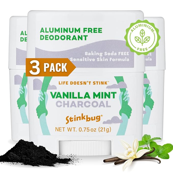 Stinkbug Naturals Organic Aluminum Free Travel Size Deodorant Stick with Vanilla Mint, Coconut Oil and Activated Charcoal, 0.75 Ounce Pack of 3