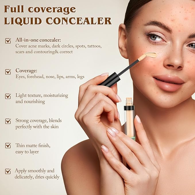 Full Coverage Liquid Concealer, Foundation Makeup for Older Women, Cover Blemishes & Under-Eye Circles, Spots, Matte Finish, Hydrating Primer for Correct, 0.06 floz, Vegan & Cruelty-Free 05#MediumTan
