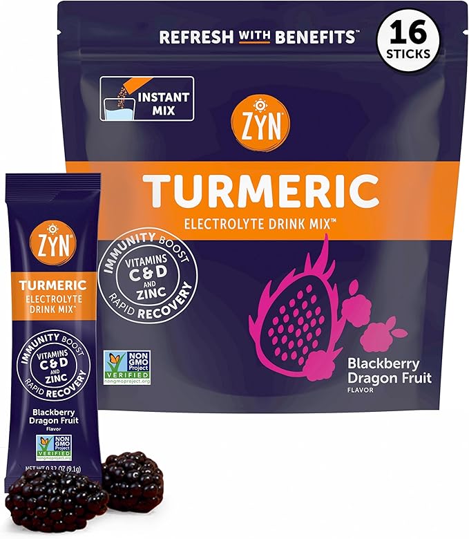 ZYN Electrolyte Drink Mix Hydration Packets, BlackBerry Dragonfruit Electrolytes Powder, Hydration Packets w/Turmeric Curcumin, Vitamin C & D, Zinc, Hydrate & Recover Electrolyte Powder, Pack of 16
