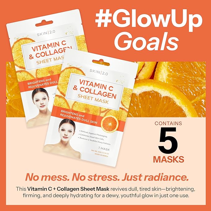 Vitamin C & Collagen Sheet Mask - Anti-Aging, Wrinkle & Age Spot Reducer, Hydrating & Moisturizing - Dermatologist Tested Korean Skincare, Clean Beauty, Cruelty-Free, All Skin Types - 5 Masks