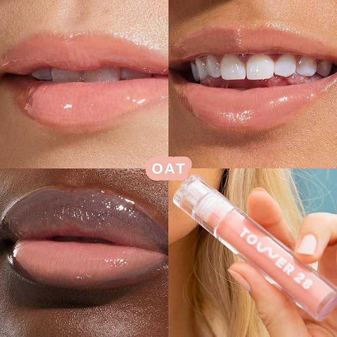 Tower 28 ShineOn Milky Lip Jelly, OAT | Non-Sticky, Vegan Lip Gloss in Milky Peachy Pink | Apricot and Raspberry Seed Oil | Moisturizing, Clean, Cruelty Free