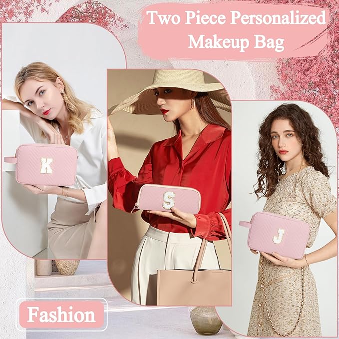 Personalized Initial Makeup Bag Trendy Stuff Leather Waterproof Cosmetic Bag Travel Toiletry Bag, Christmas/Thanksgiving/Halloween Gifts Makeup Organizer Case for Women Girls Mom Girlfriend Wife